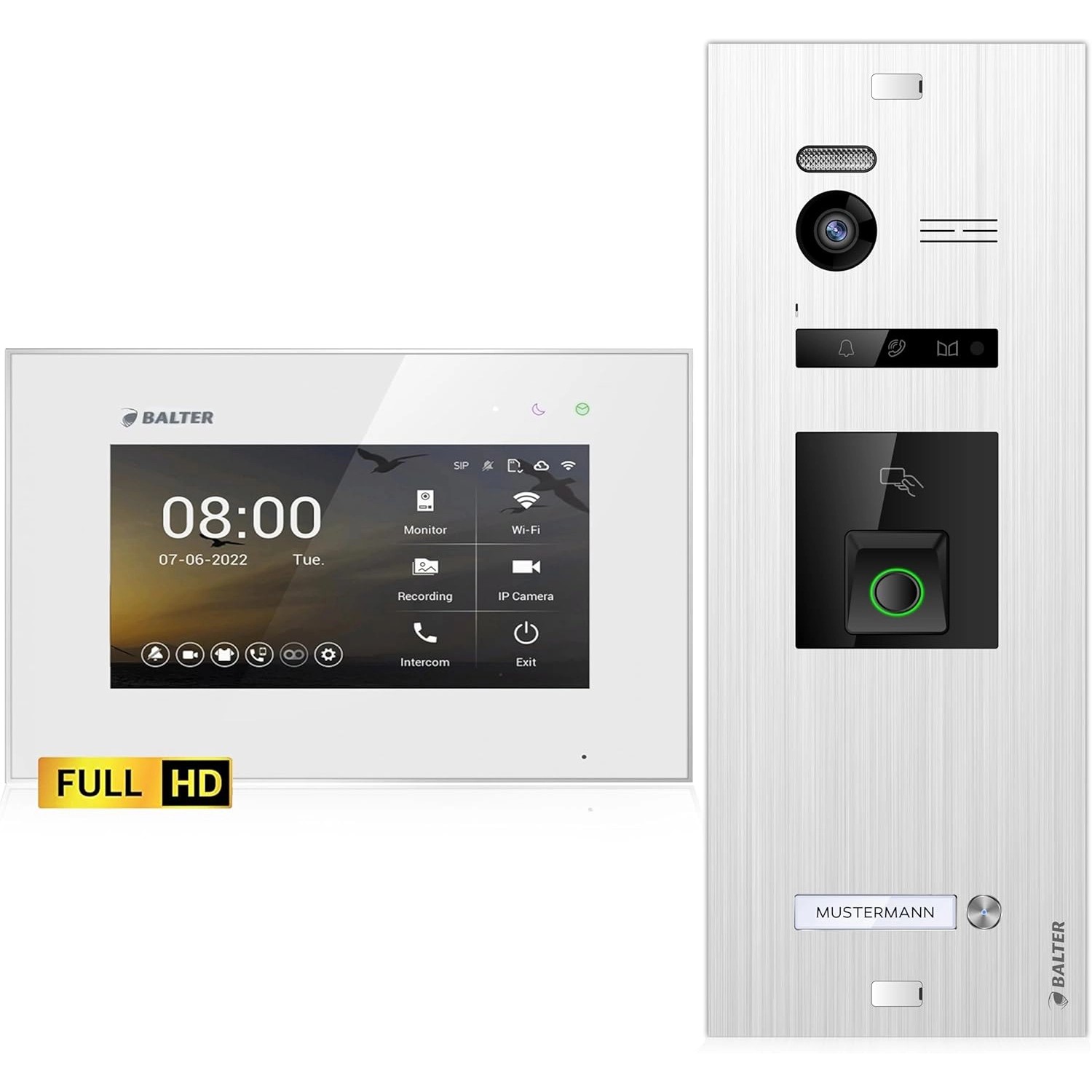 Balter EVO-HD Video-Türsprechanlage mit Fingerprint für Einfamilienhaus mit 1x 7 Zoll Monitor Silber-Weiß