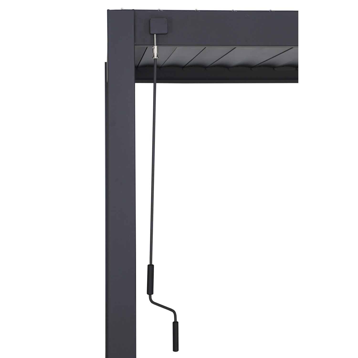 Detailansicht: Anthrazitfarbene Mirador Lamellen-Dach Pergola mit Kurbel zur Lamellenverstellung.