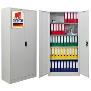 Lichtgrauer PROREGAL Flügeltürenschrank ELEPHANT mit geöffneter und geschlossener Tür, gefüllt mit Ordnern.