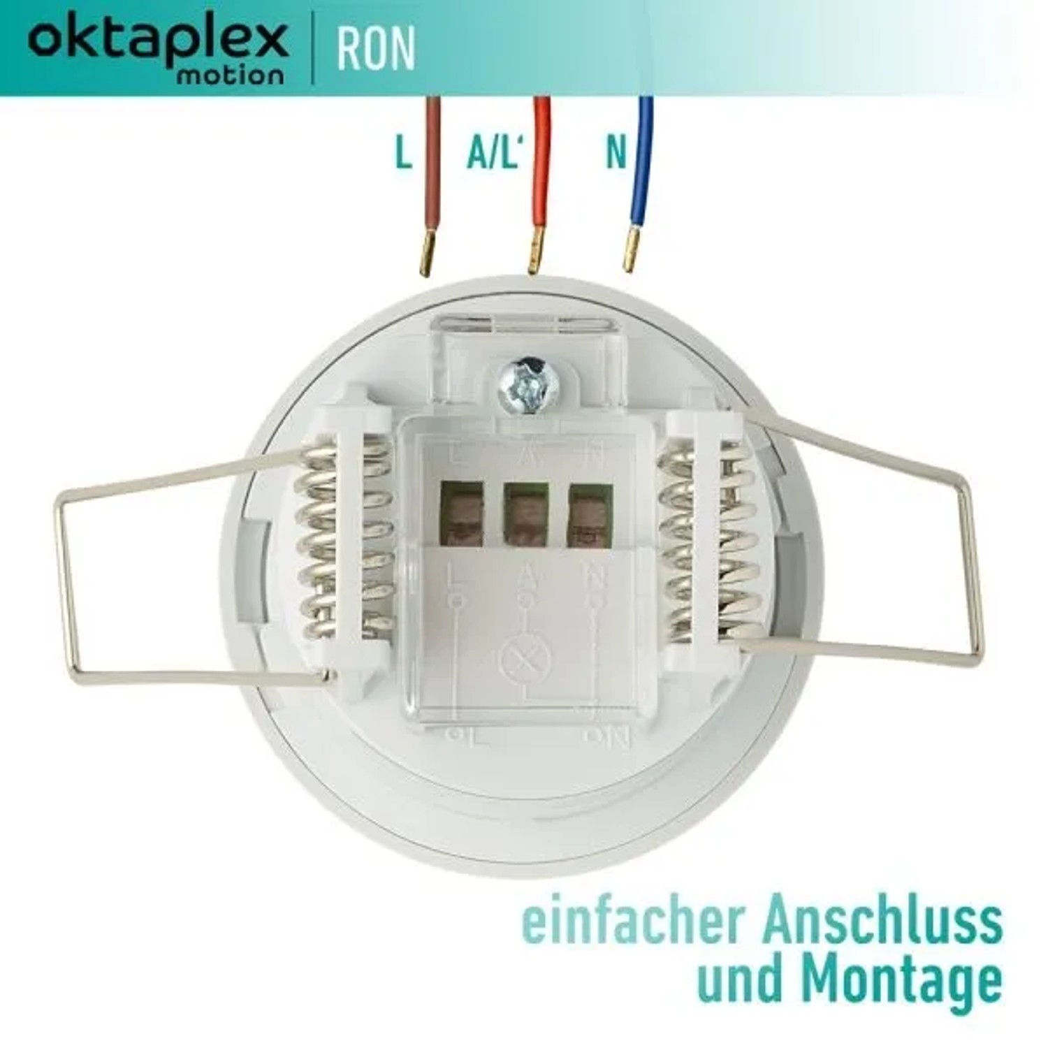 Oktaplex Ron Bewegungsmelder, Detailansicht der Anschlüsse für einfache Montage.