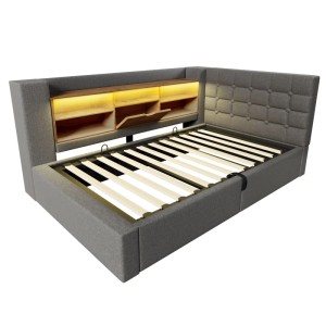 Graues Polsterbett 90x200cm mit L-Kopfteil, integriertem Stauraum, Holzregalen, LED-Lichtleisten und Lattenrost.