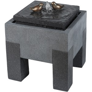 Silex Kunststeinbrunnen Cube mit zwei Vogel-Figuren und LED-Beleuchtung für Garten und Balkon.