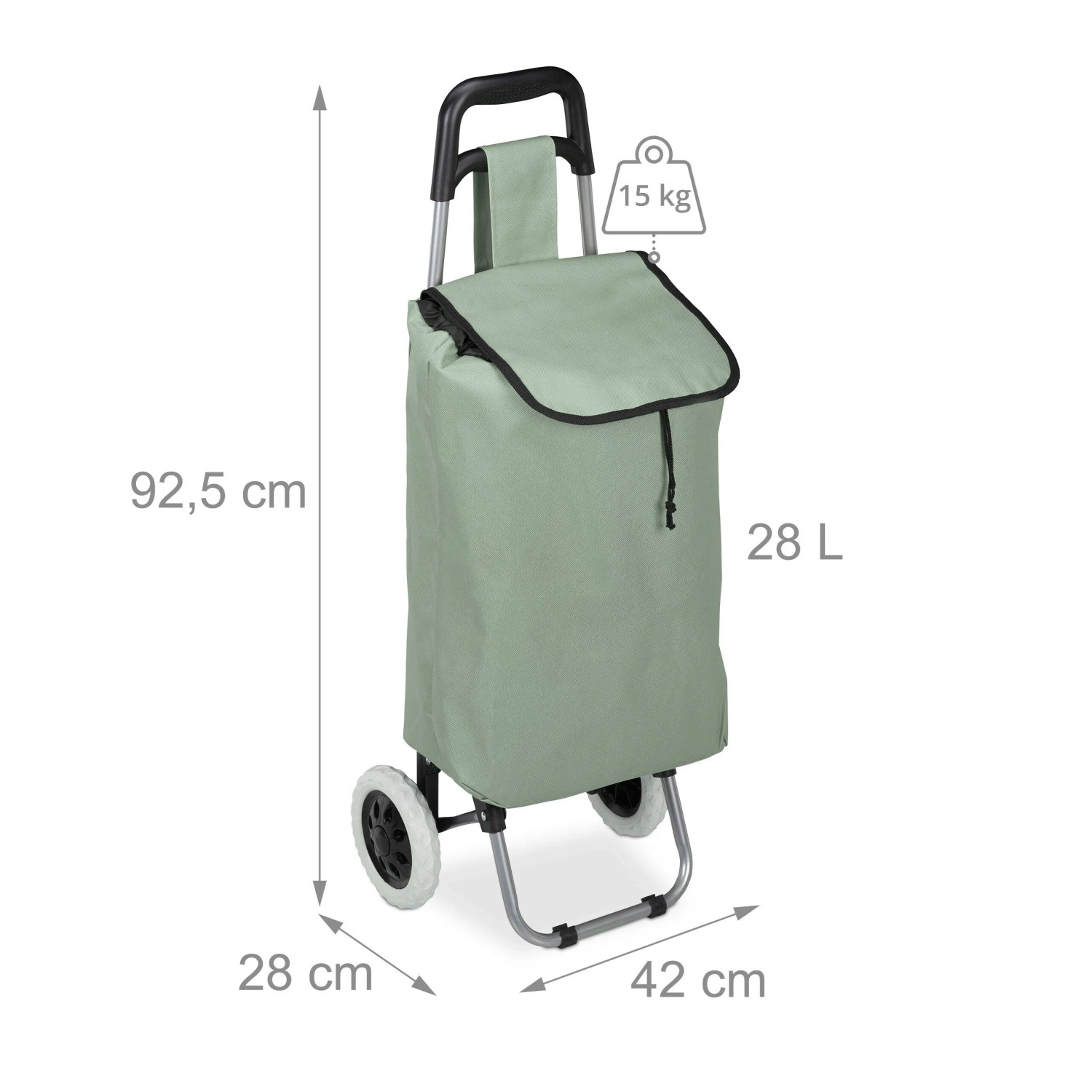 Relaxdays Einkaufstrolley Polyester Kunststoff Salbei Klappbar Wasserabweisend 92,5 cm x 42 cm x 28 cm 1,4 kg_4