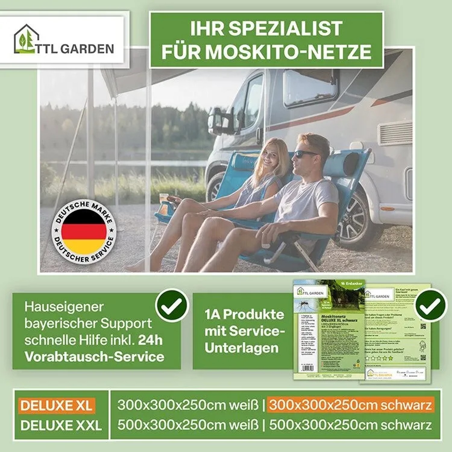 TTL GARDEN Moskitonetz DELUXE XL, schwarz, 300x300x250 cm, mit Paar vor Wohnmobil. Insektenschutz.