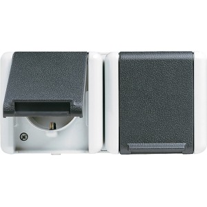 Jung WG800 2-fach Steckdose IP44 waagerecht, Feuchtraum-Steckdose mit Klappdeckel.