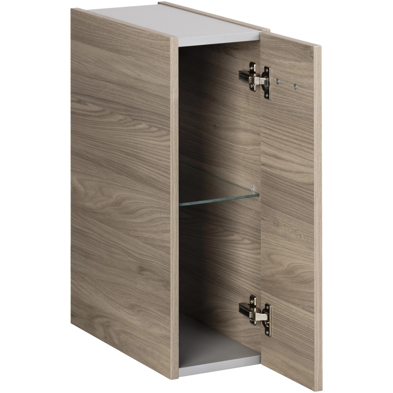 Fackelmann Bad-Hängeschrank Luxor in Steinesche, 20 cm breit, mit offener Tür und Glasboden.