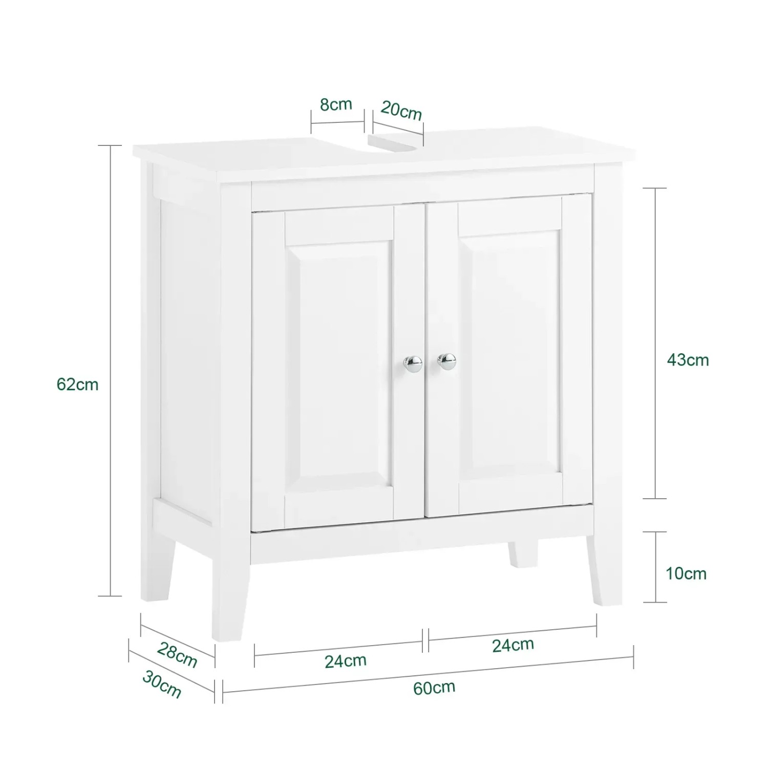 Weißer SoBuy Waschbeckenunterschrank aus MDF mit 2 Türen, silbernen Griffen und Siphonausschnitt. Maße: 60x62x30cm.
