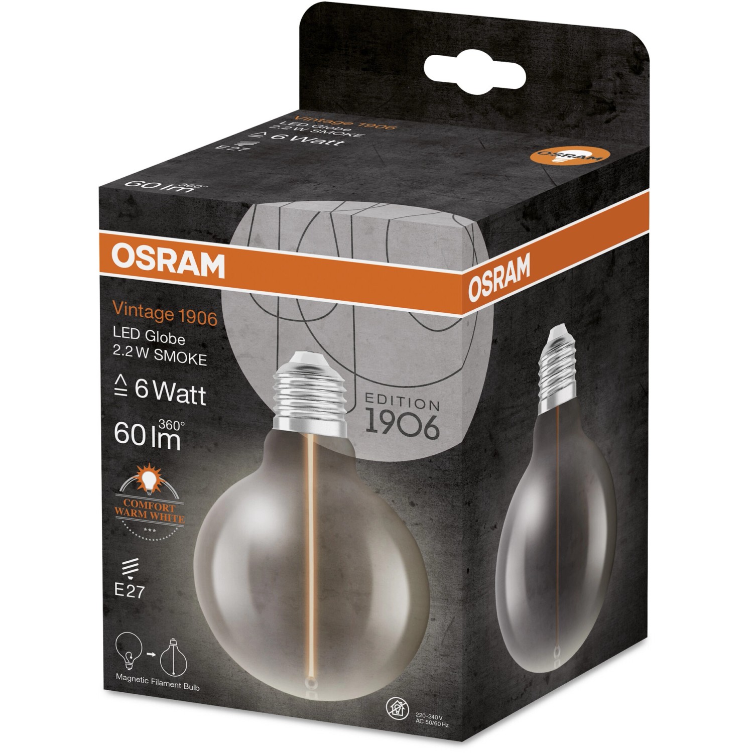 Osram LED-Leuchtmittel E27 Globe, 2,2W, Vintage-Design in Rauchglas-Optik, Verpackung.