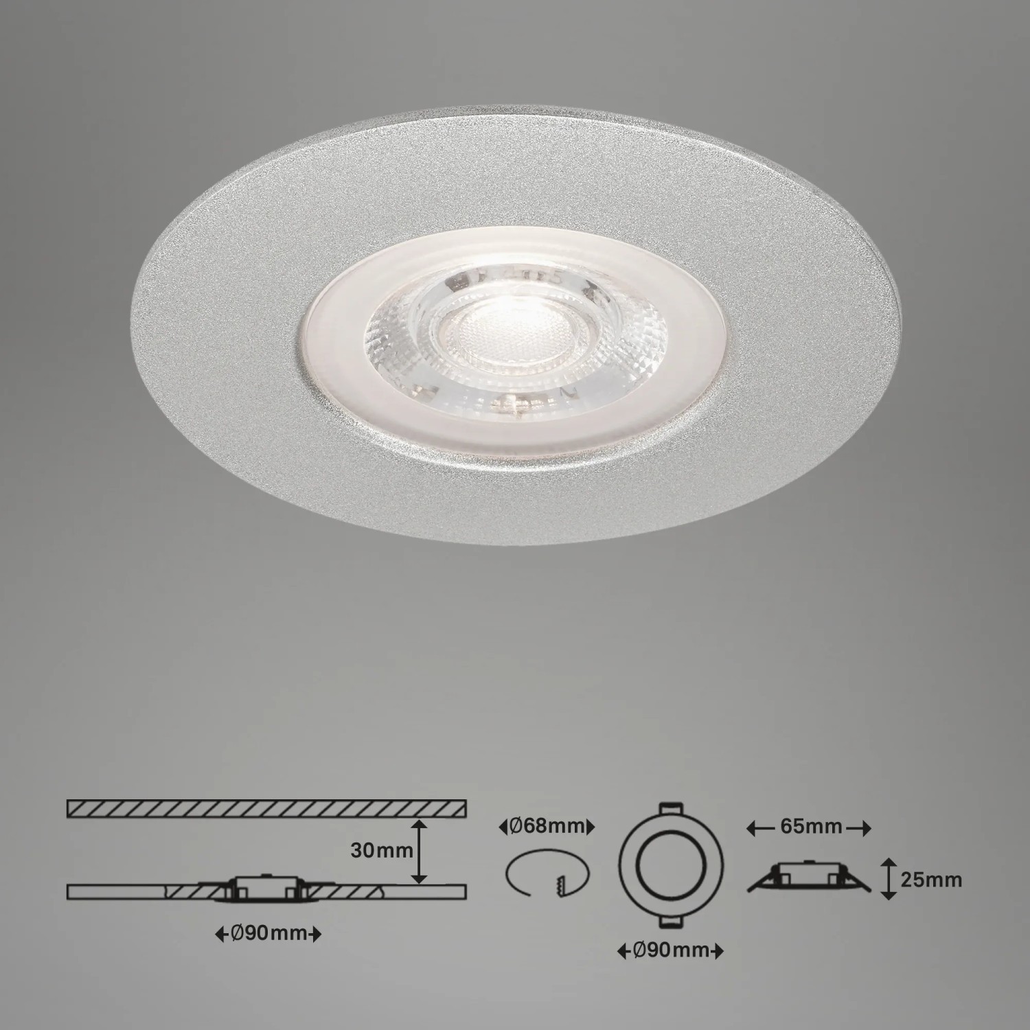 Brilo LED-Einbauleuchte Kulana 3er-Set, chrom-matt, warmweiß, mit Maßangaben.