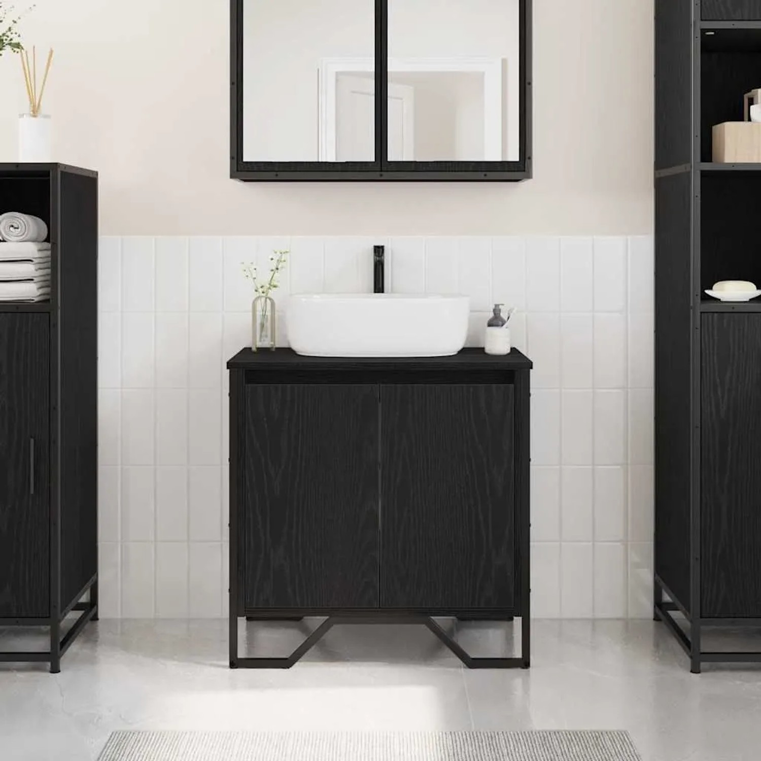 vidaXL Waschbeckenschrank in Schwarz Eichen-Optik, 60x35x60 cm. Unterschrank mit Stauraum.