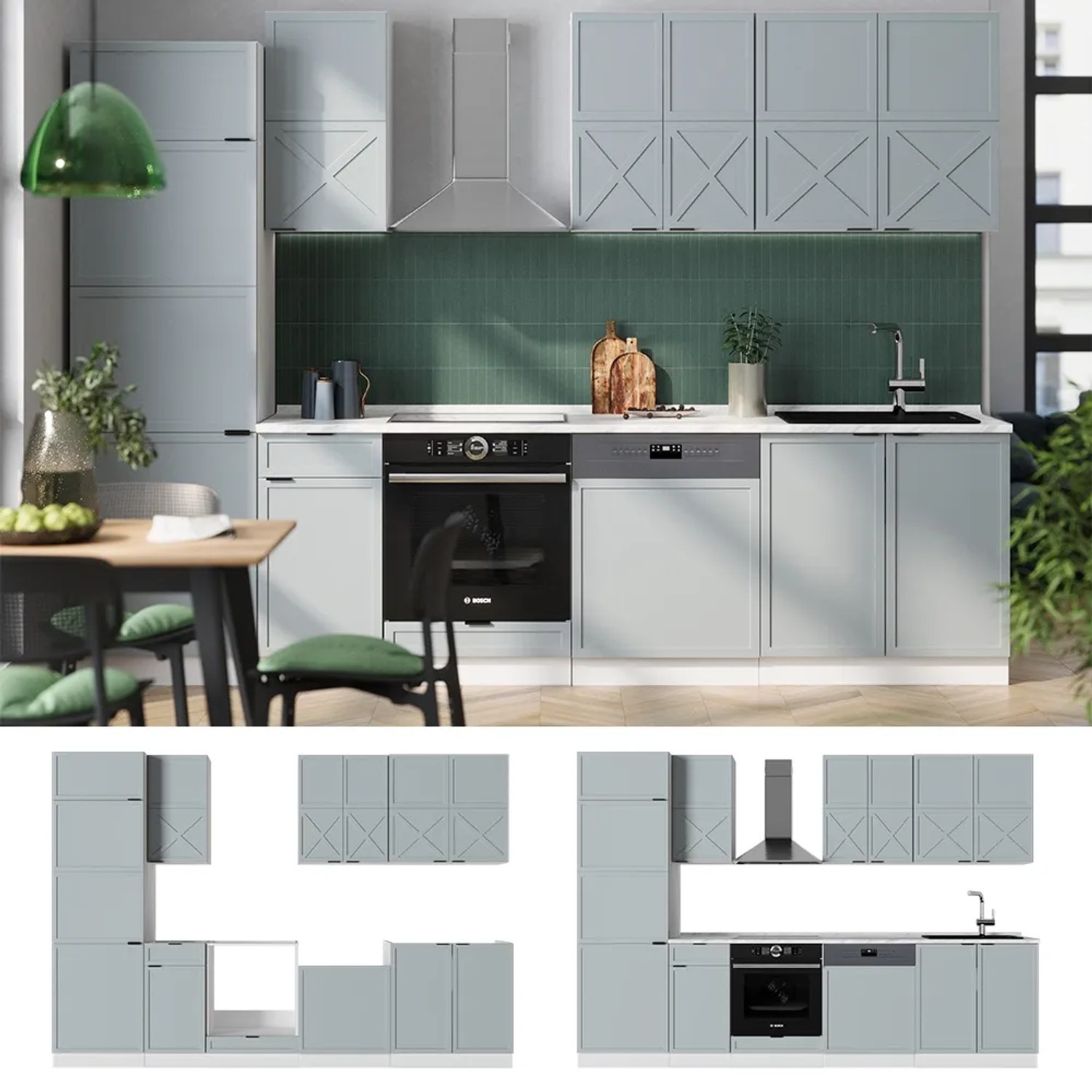 Vicco Küchenzeile Fame-Line, 300 cm, hellblau-grau/weiß, ohne Arbeitsplatte.