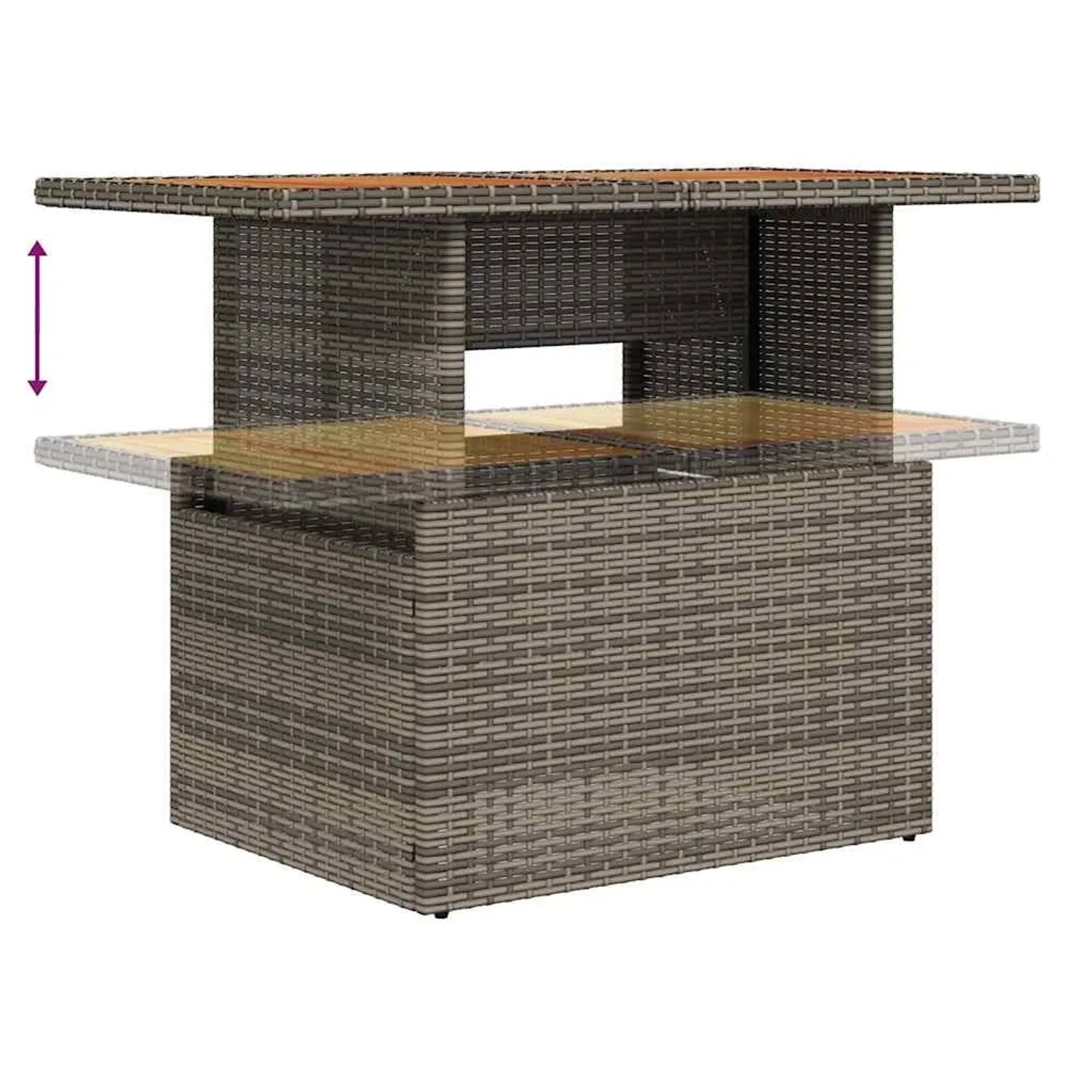 Grauer vidaXL Gartentisch aus Rattan mit Stauraum, höhenverstellbare Tischplatte.