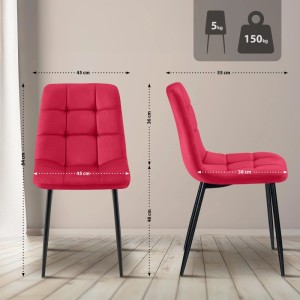 Rotes Samt Esszimmerstuhl 2er Set Tilde mit Metallgestell. Maße und 150 kg Belastbarkeit sind abgebildet.