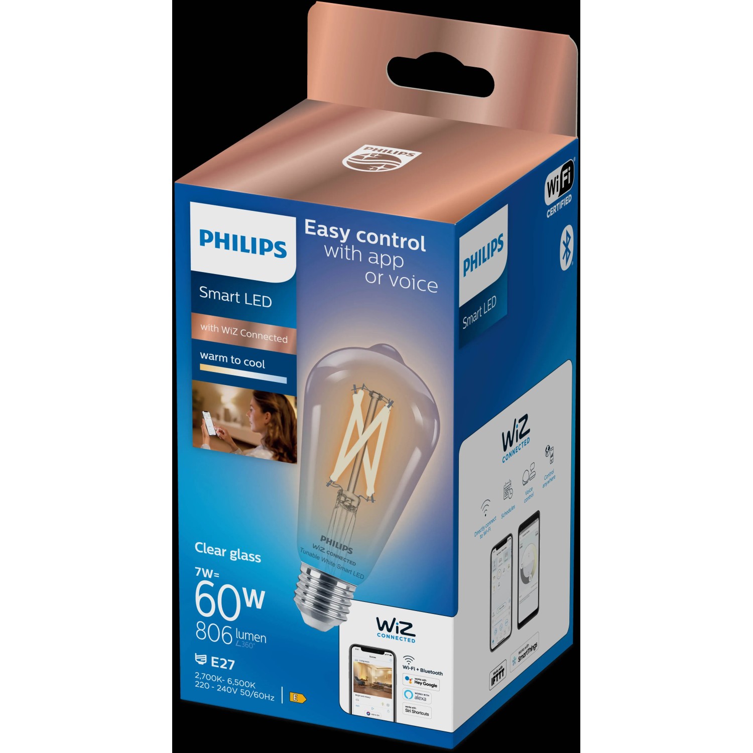 Philips Smart LED-Leuchtmittel 60W E27 Edison Filament im Einzelpack.