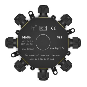 Schwarze, wasserdichte IP68 Abzweigdose mit 8 Wegen für sichere Elektroinstallationen. Robustes PC-Gehäuse.