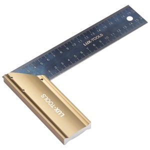 LUX Winkel mit Anschlag, 200 mm Schenkellänge, gelaserte Teilung, 45° Gehrung für präzises Messen.