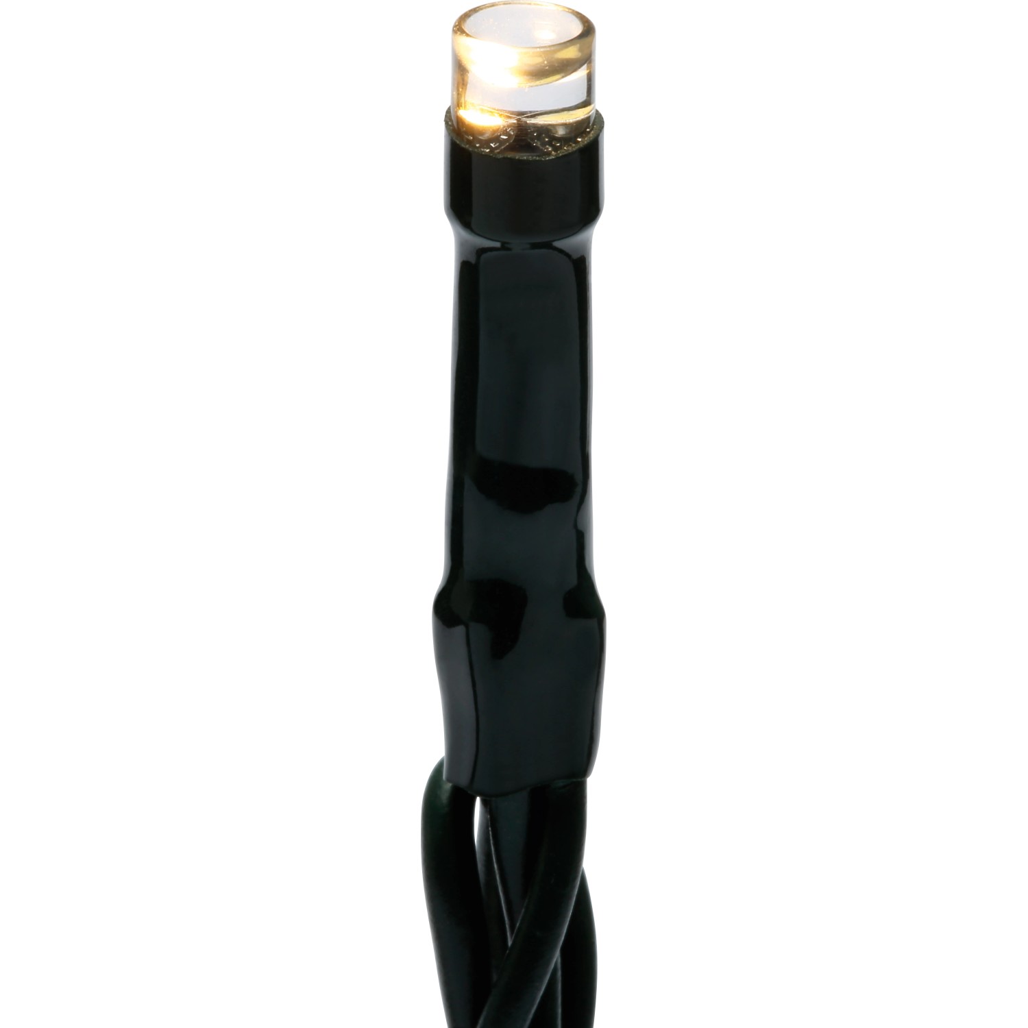 Detailaufnahme: Zweifarbige LED der Lichterkette (kaltweiß/warmweiß) mit grünem Kabel.