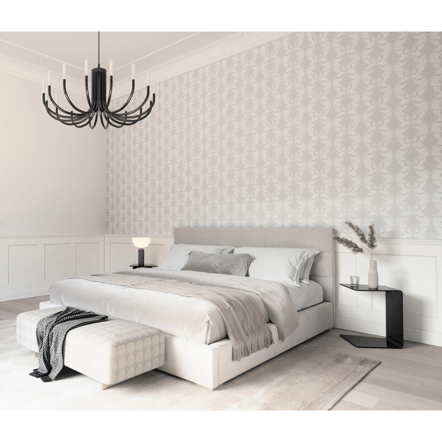 Schlafzimmer mit Erismann Vliestapete Versailles Felicite in Hellgrau mit filigranen Blütenornamenten.