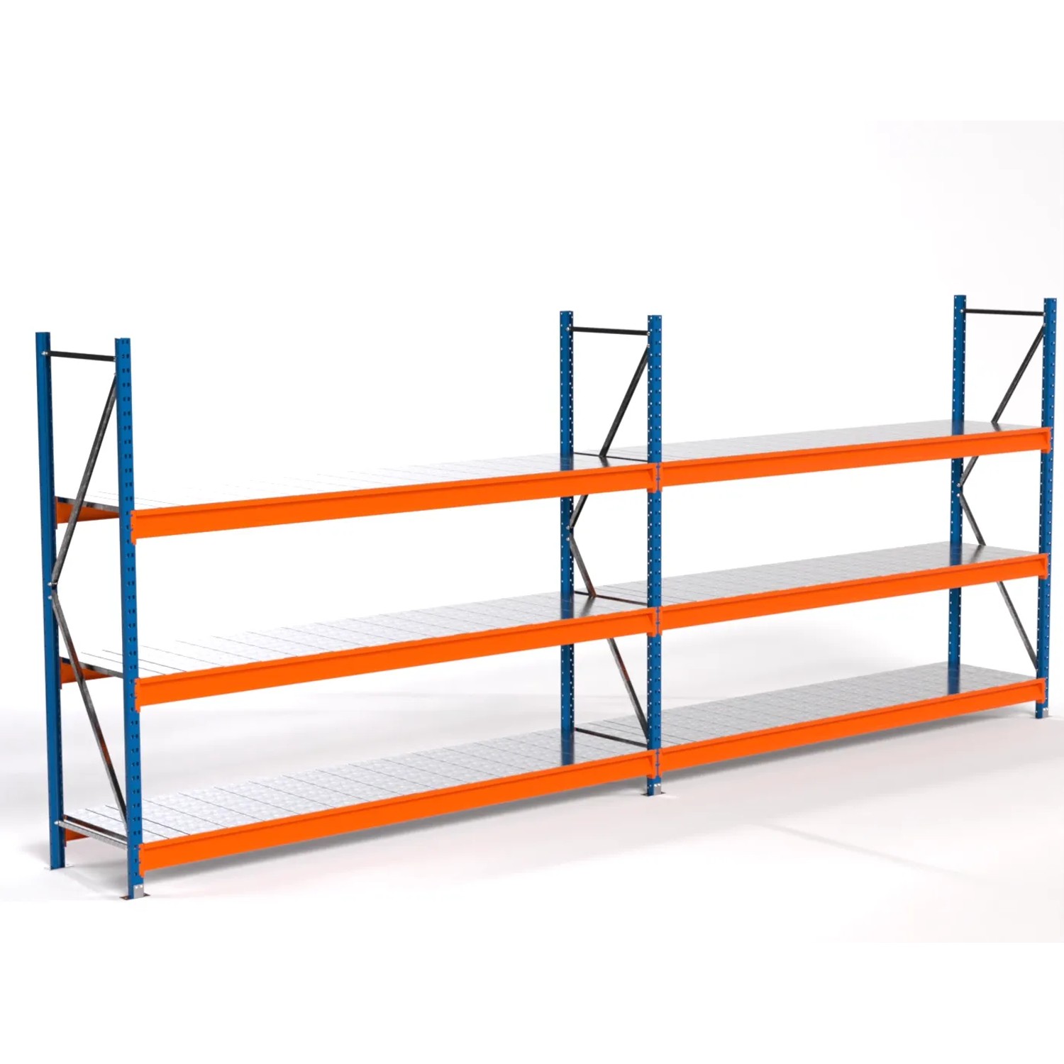 PROREGAL Industrie Weitspannregal Lagerregal MAXIMUS PRO Komplettregal 2 Felder HxBxT 200x500x60cm 3 Stahlplatten-Fachboden Fachlast 530kg Blau/Orange