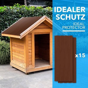 Braune Karat Trapezbleche (15er-Set) auf einem Gartenhausdach. Dachbleche für vielseitige Anwendungen.