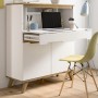 Weißer Inn.Furn Sekretär Hygge mit Eiche-Akzenten, geöffnet mit Laptop, Schublade und Türen. Skandinavisches Design für Homeoffice.