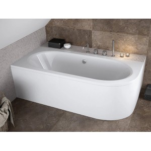 Weiße AVITA Eckbadewanne 180x80 aus Acryl mit Schürze, linksseitig, in modernem Badezimmer.
