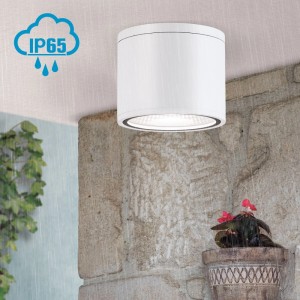 Weißer Orion LED Deckenaufbaustrahler, zylindrisch, IP65, unter Regen an Decke montiert. Ideal für Nassräume & Außenbereich.