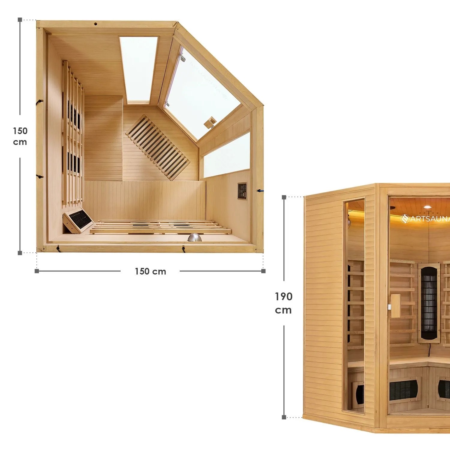 Artsauna Infrarotkabine Nyborg E150K aus Hemlockholz mit Maßen und Details.