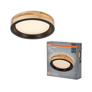 Osram LED-Deckenleuchte Orbis Mariano, rund, mit hellem Holz-Ring und schwarzem Metallgehäuse. Ideal für Wohnzimmer, Click-Dim.