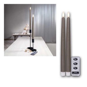 Zwei braune LED Stabkerzen aus Echtwachs mit warmweißer 3D Flamme und Fernbedienung, 2er Set.