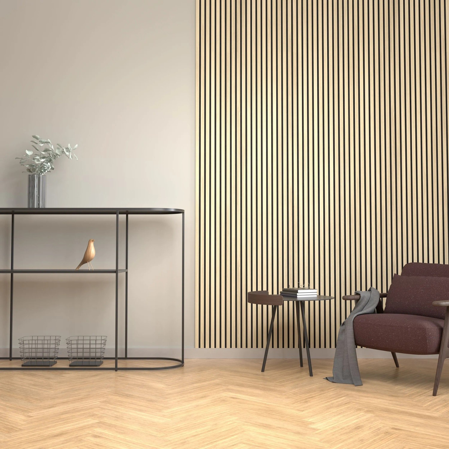 Denpanels Akustikpaneel Acu-Line Eiche Hell an Wand, kombiniert mit Möbeln in Wohnraum.