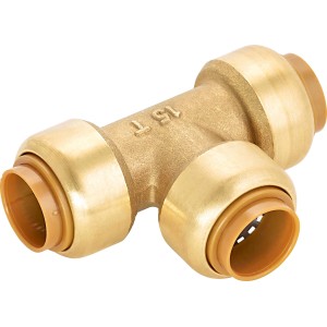 Steck-T-Stück Ø 15 mm aus Messing für Wasser- und Heizungsinstallationen.