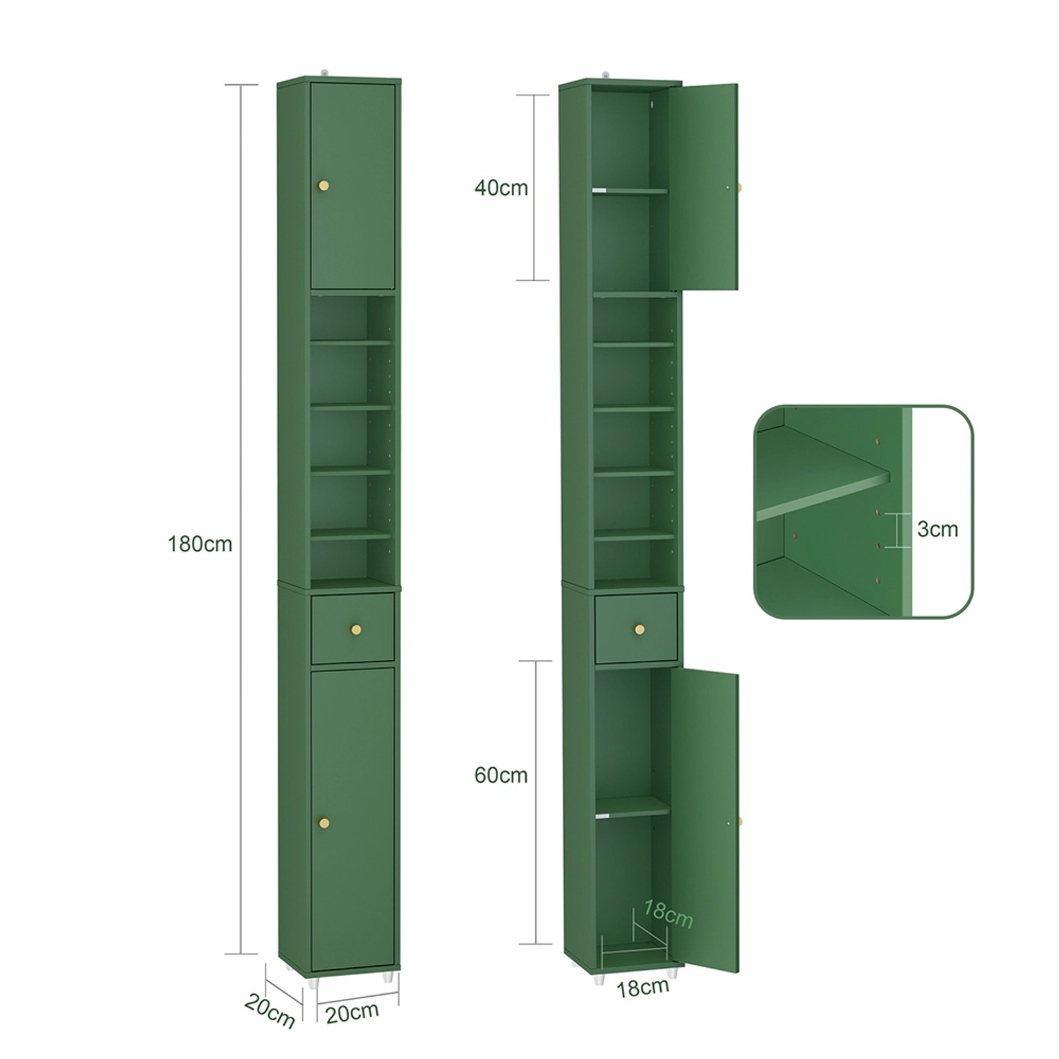 SoBuy Bad Hochschrank BZR34-II-SY, grün, 20x180x20cm, mit 6 Einlegeböden und Schublade. Badmöbel-Set.