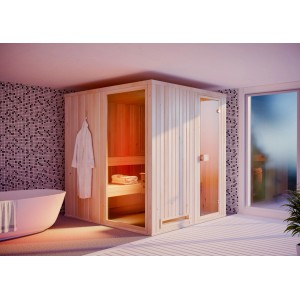 Finntherm Sauna Miranda aus Naturholz mit Glastür, Innenansicht. Massivholzsauna für entspannende Stunden.