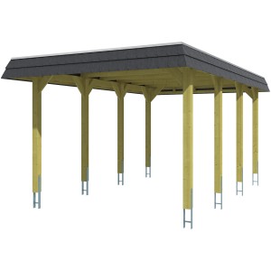 Skan Holz Carport Spreewald, Nussbaum, mit EPDM Dach und schwarzer Blende.
