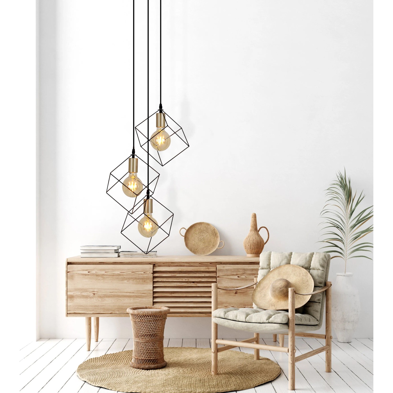 Näve Pendelleuchte Canto, 3-flammig, 146 cm, im Industrial Style mit würfelförmigen Lampenschirmen.