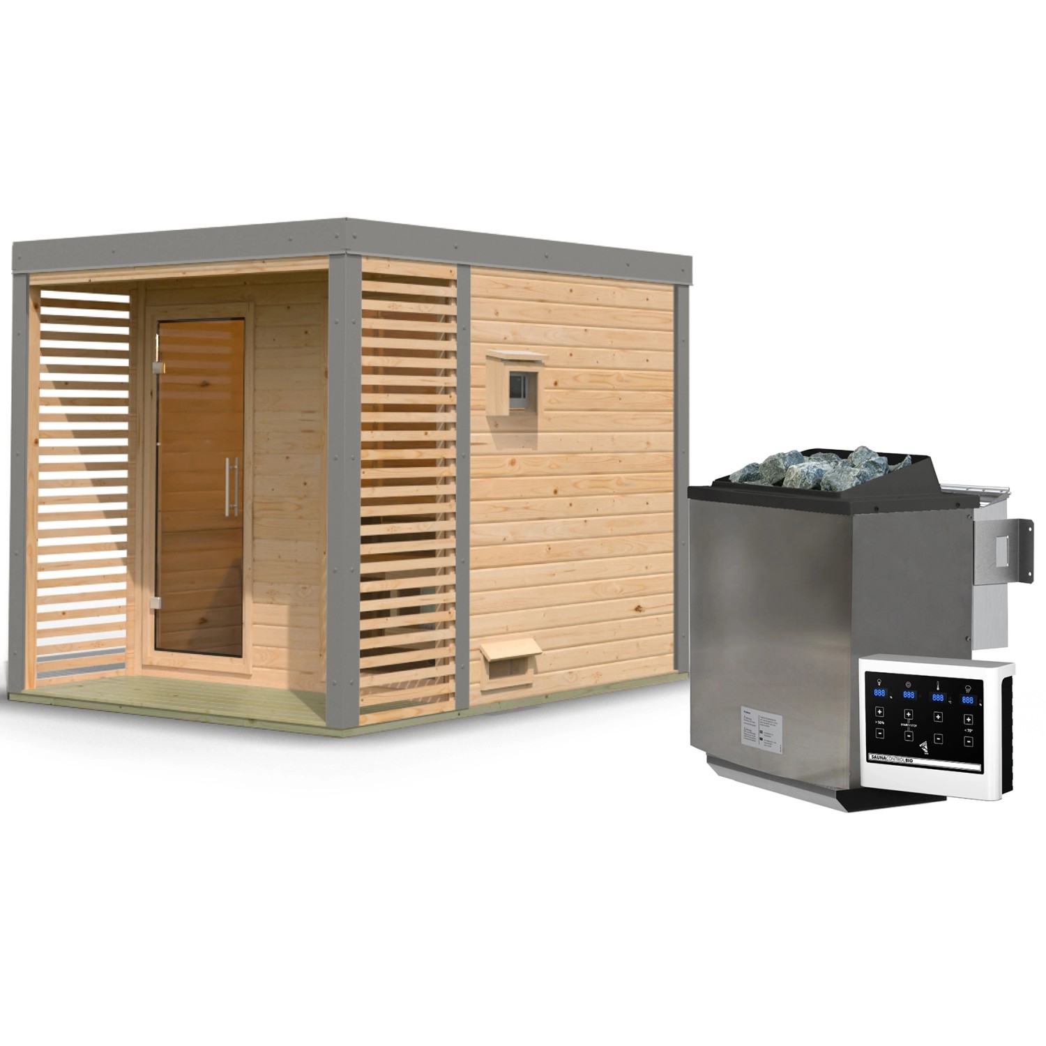Karibu Saunahaus Seros 2 Zoll mit Ofen 9 kW Bio Extern Naturbelassen/Graual günstig online kaufen