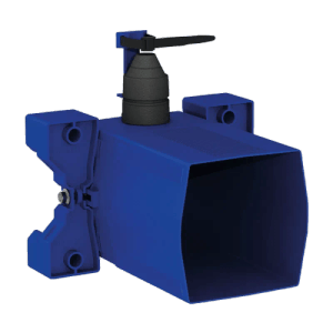 Blauer Delabie TEMPOFLUX 3 UP WC-Druckspüler Unterputzkasten mit schwarzem Ventil für 3/6 l Spülung.