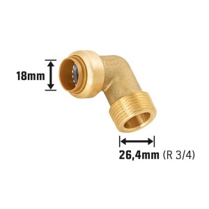 Steck-Winkel aus Messing, 18 mm x 26,4 mm (R 3/4), für Heizung und Wasserinstallation.
