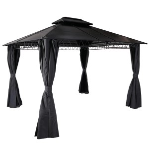 Graue MCW Hardtop Pergola M81 3,6x3m mit Seitenwänden und festem Dach.