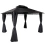 Graue MCW Hardtop Pergola M81 3,6x3m mit Seitenwänden und festem Dach.