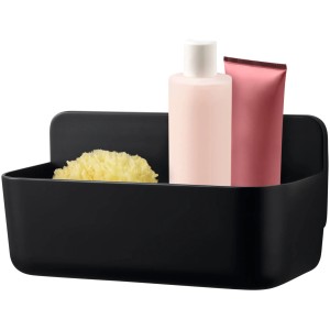Schwarzer Tesa Lavaa Duschkorb Medium mit Schwamm, Shampoo und Tube.