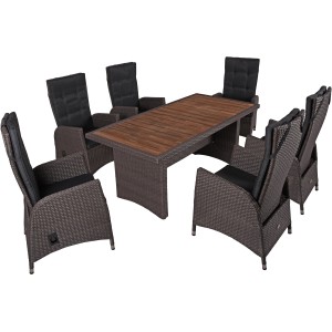 7-teiliges Gartenmöbel-Set Braga in Weidengrau mit Tisch und Stühlen mit grauen Auflagen.