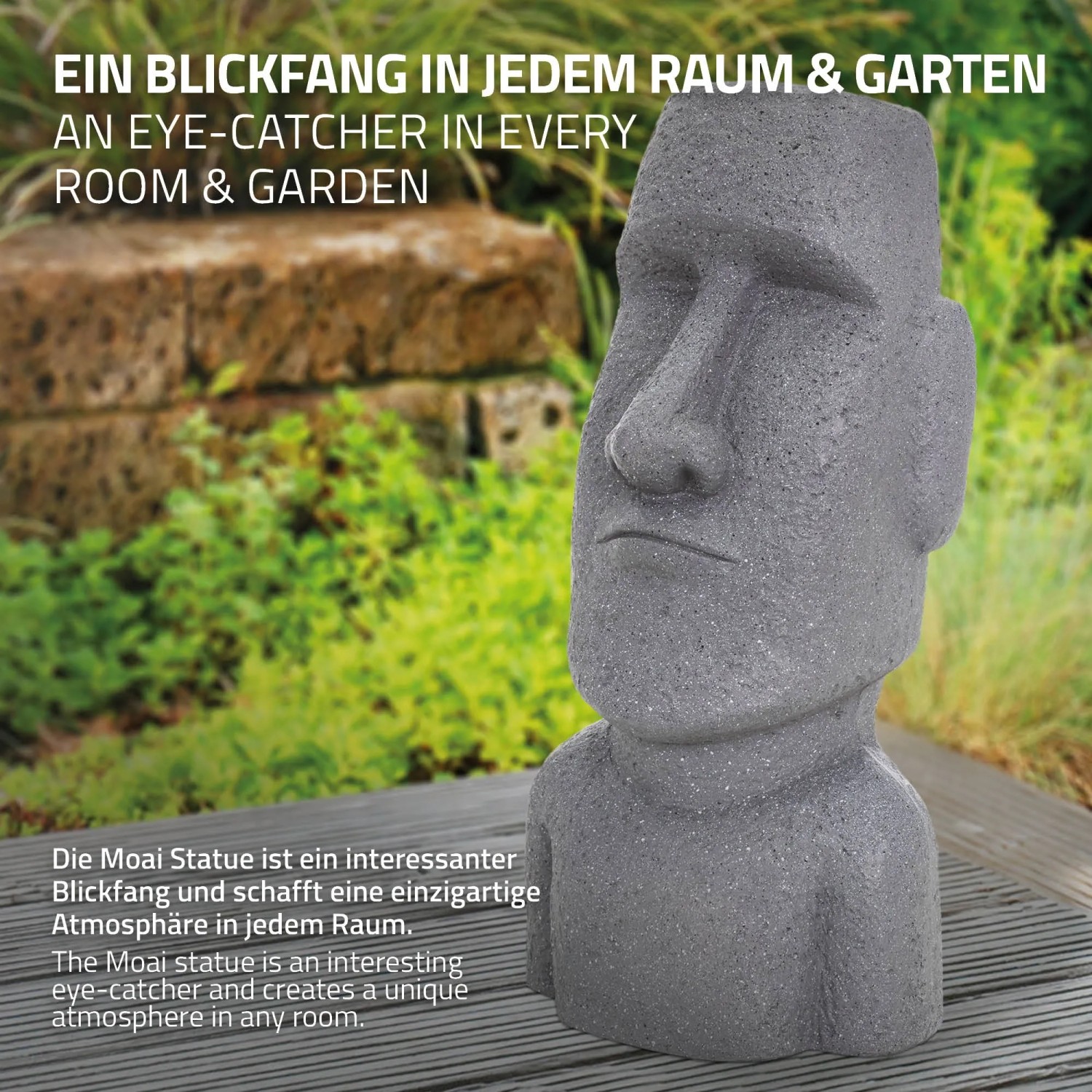 Graue Moai Figur Rapa Nui (53,5 cm) aus Kunstharz für Garten & Wohnraum.