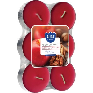 6 Maxi-Duftkerzen Apfel-Zimt (Ø 5,7 cm) im Teelichthalter, rote Wachsfarbe.