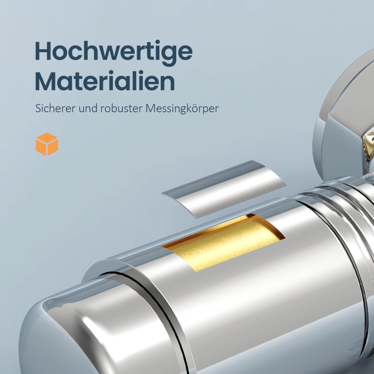 Detailaufnahme: Emke Heizkörper Multiblock Ventil aus Chrom, robustes Messing für Heizungs-Installation.