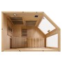 Innenansicht der Artsauna Infrarotkabine Kolding aus Hemlockholz mit Glasfront und Triplex Heizsystem.