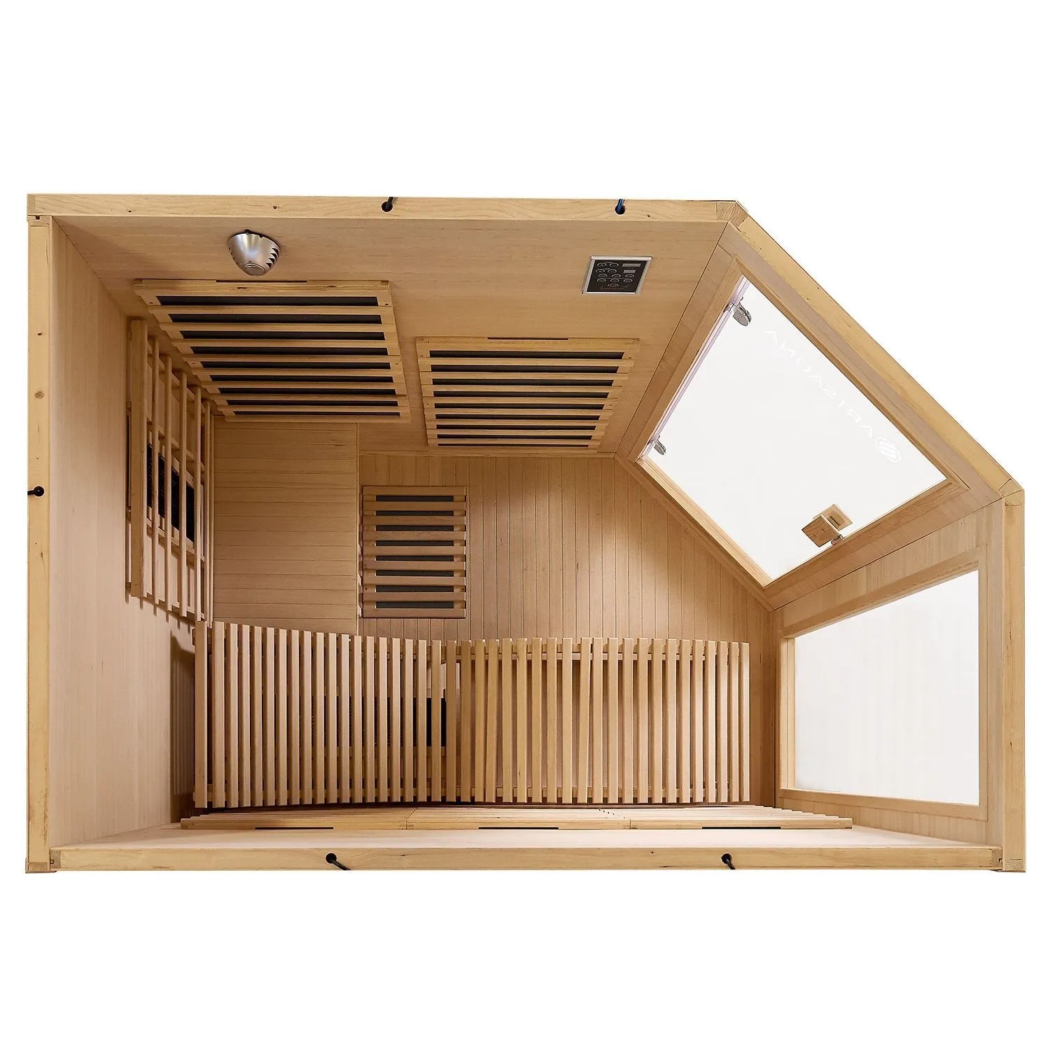 Innenansicht der Artsauna Infrarotkabine Kolding aus Hemlockholz mit Glasfront und Triplex Heizsystem.