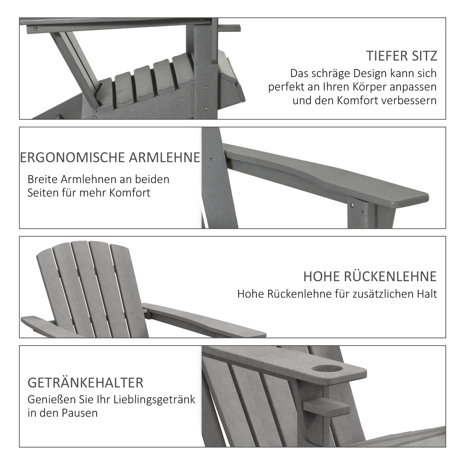 Detailansichten Outsunny Gartenstuhl Grau: Sitz, Armlehne, Rückenlehne, Getränkehalter.