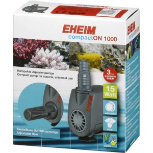 Verpackung der Eheim Aquarium-Pumpe CompactON 1.000, einer grauen, kompakten Aquarienpumpe mit Zubehör.